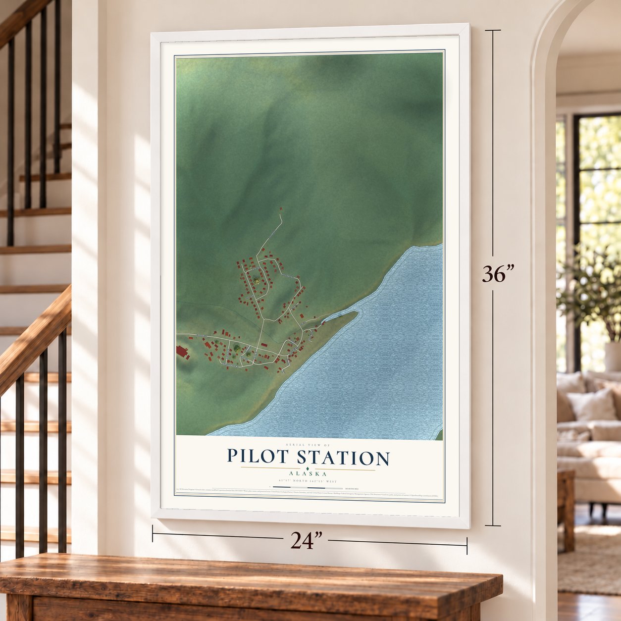 Pilot Station, Alaska map, 24 x 36 inch print in a white frame by a staircase