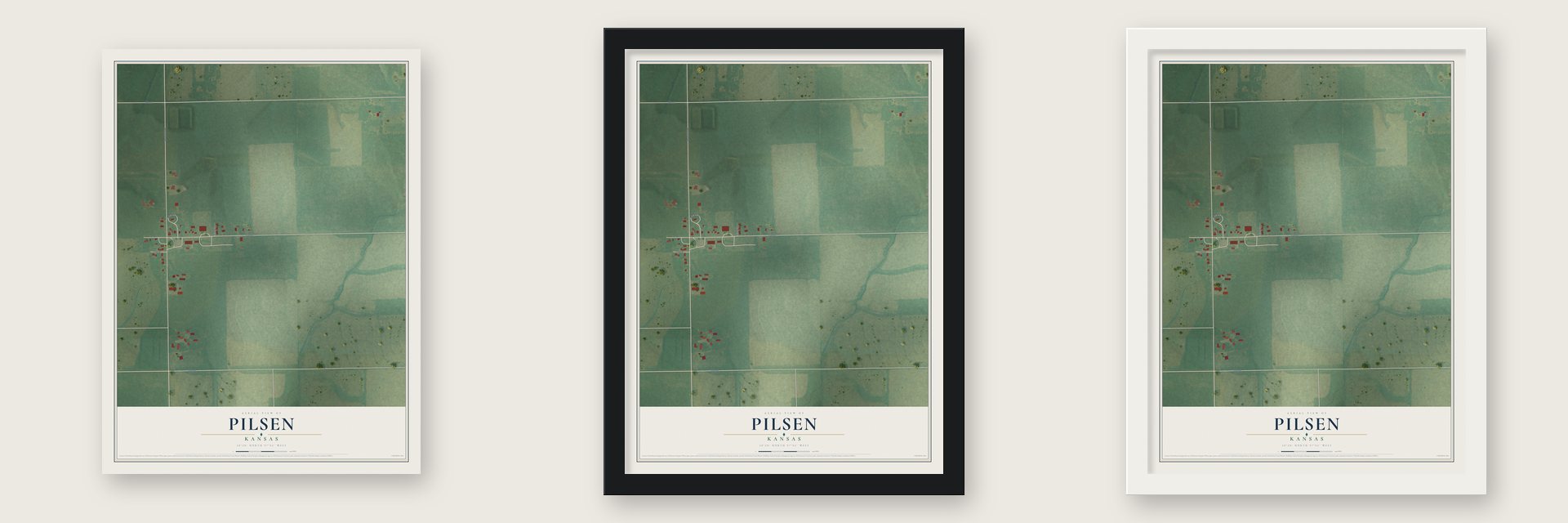 Pilsen, Kansas map unframed, in a black wood frame and in a white wood frame