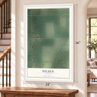 Pilsen, Kansas map, 24 x 36 inch print in a white frame by a staircase