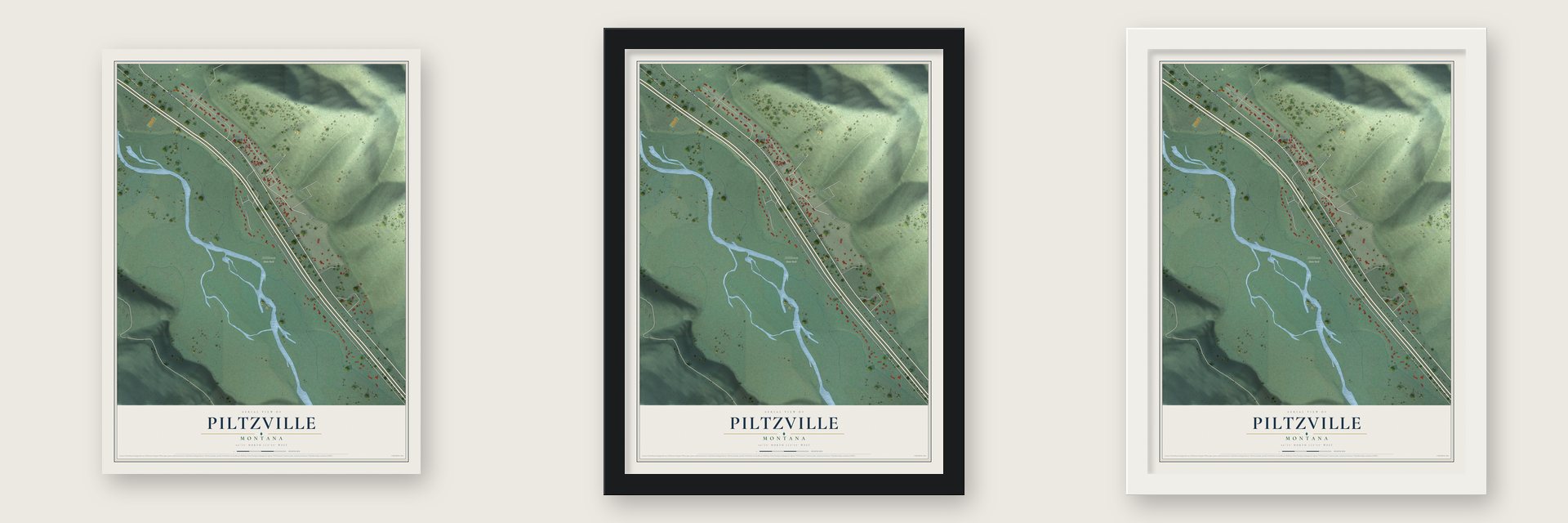 Piltzville, Montana map unframed, in a black wood frame and in a white wood frame