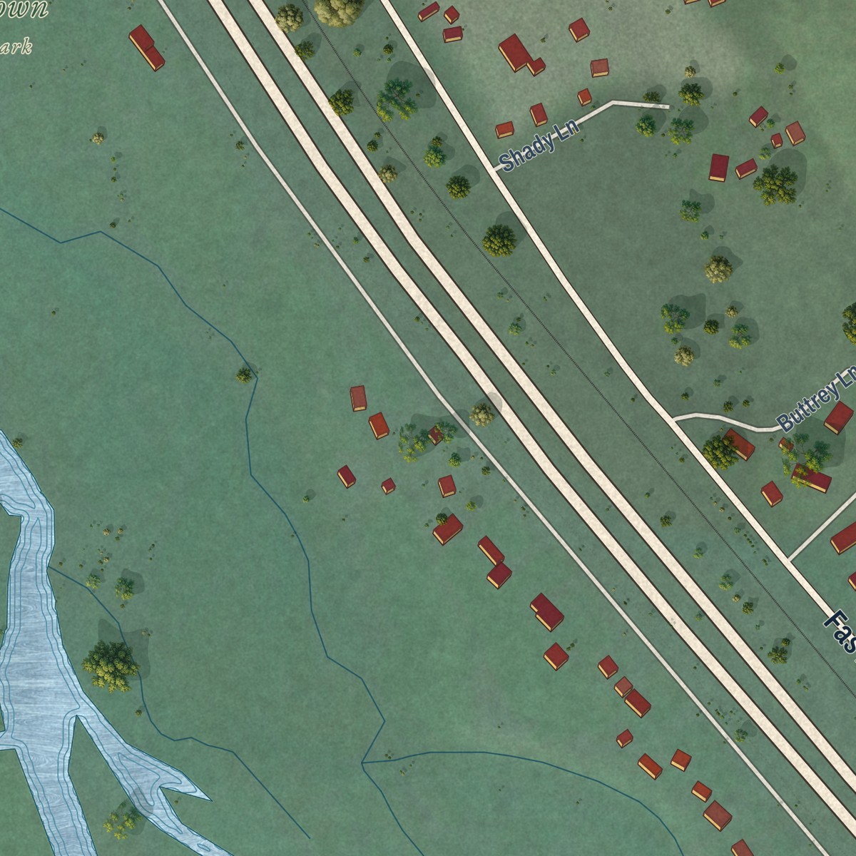 Second close-up of the map of Piltzville, Montana print showing more streets and buildings