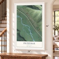 Piltzville, Montana map, 24 x 36 inch print in a white frame by a staircase