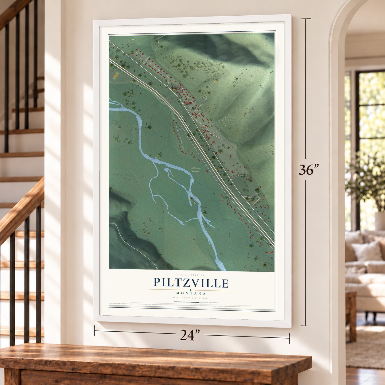 Piltzville, Montana map, 24 x 36 inch print in a white frame by a staircase