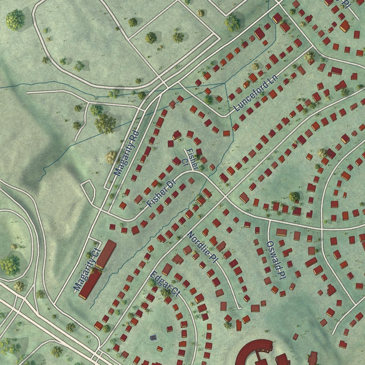 Second close-up of the map of Pimmit Hills, Virginia print showing more streets and buildings