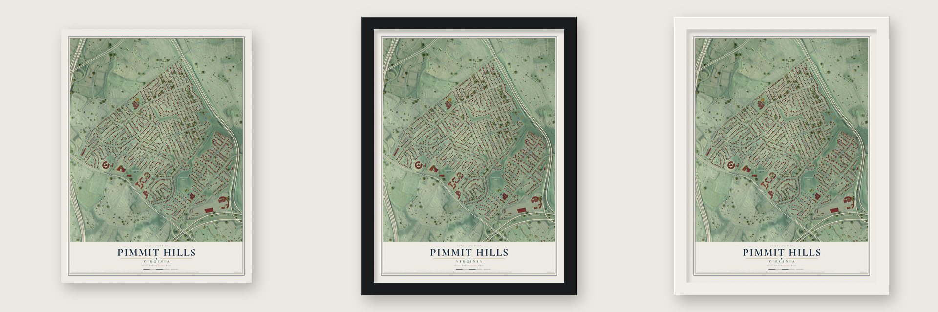 Pimmit Hills, Virginia map unframed, in a black wood frame and in a white wood frame