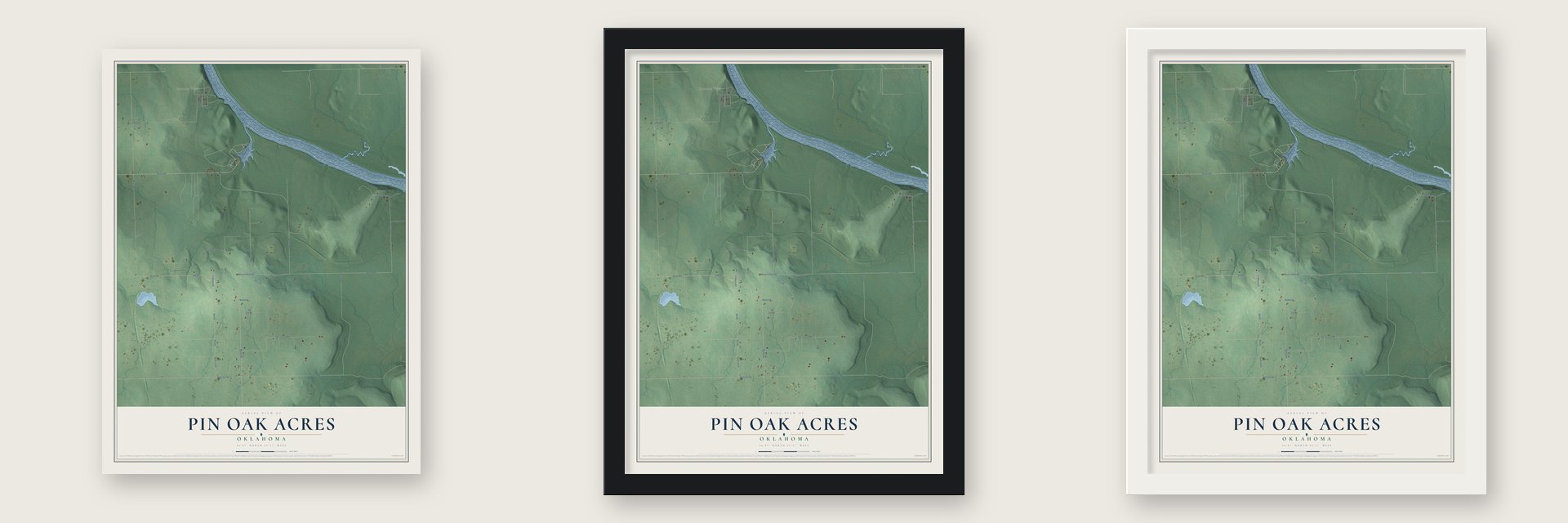 Pin Oak Acres, Oklahoma map unframed, in a black wood frame and in a white wood frame