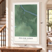 Pin Oak Acres, Oklahoma map, 24 x 36 inch print in a white frame by a staircase