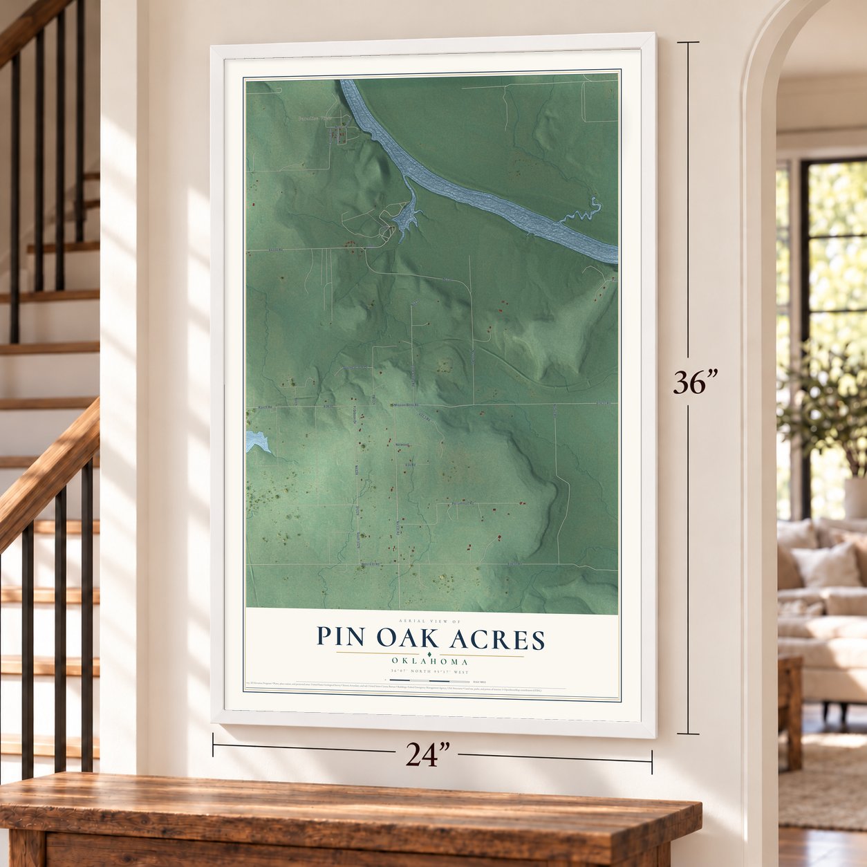 Pin Oak Acres, Oklahoma map, 24 x 36 inch print in a white frame by a staircase