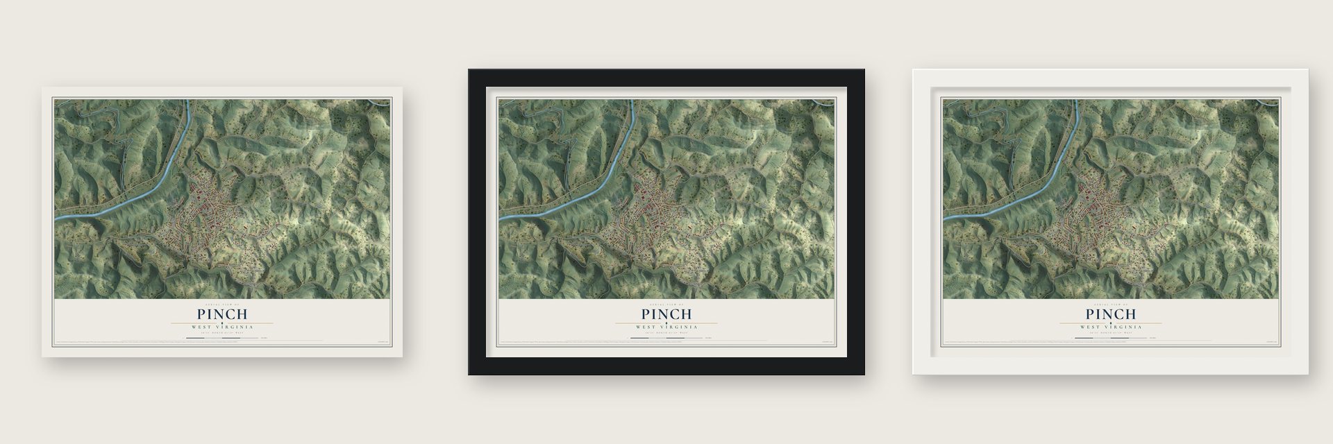 Pinch, West Virginia map unframed, in a black wood frame and in a white wood frame
