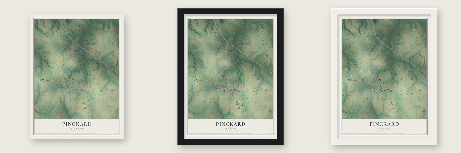 Pinckard, Alabama map unframed, in a black wood frame and in a white wood frame