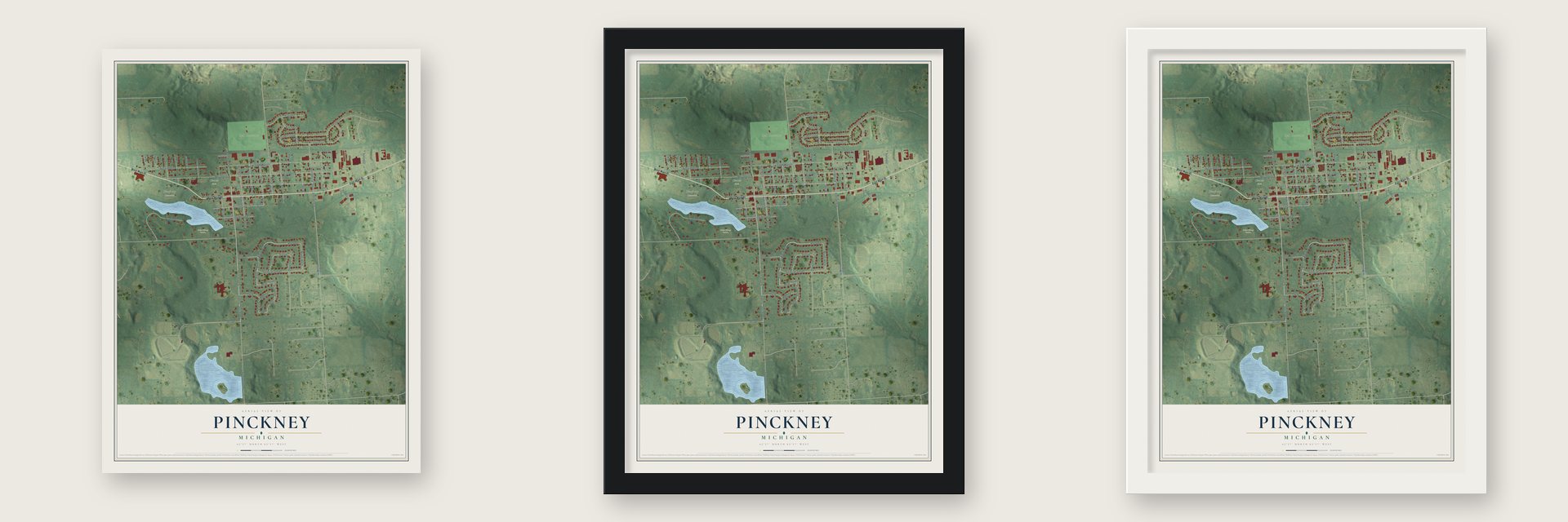 Pinckney, Michigan map unframed, in a black wood frame and in a white wood frame