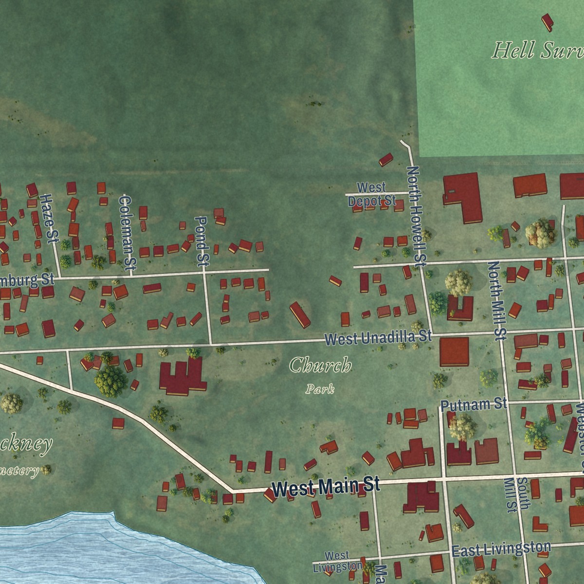 Second close-up of the map of Pinckney, Michigan print showing more streets and buildings
