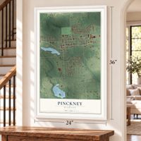 Pinckney, Michigan map, 24 x 36 inch print in a white frame by a staircase