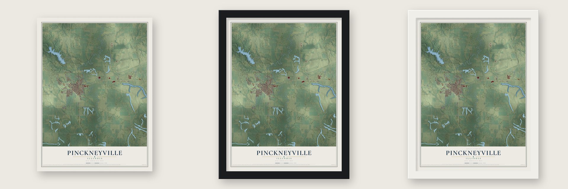 Pinckneyville, Illinois map unframed, in a black wood frame and in a white wood frame