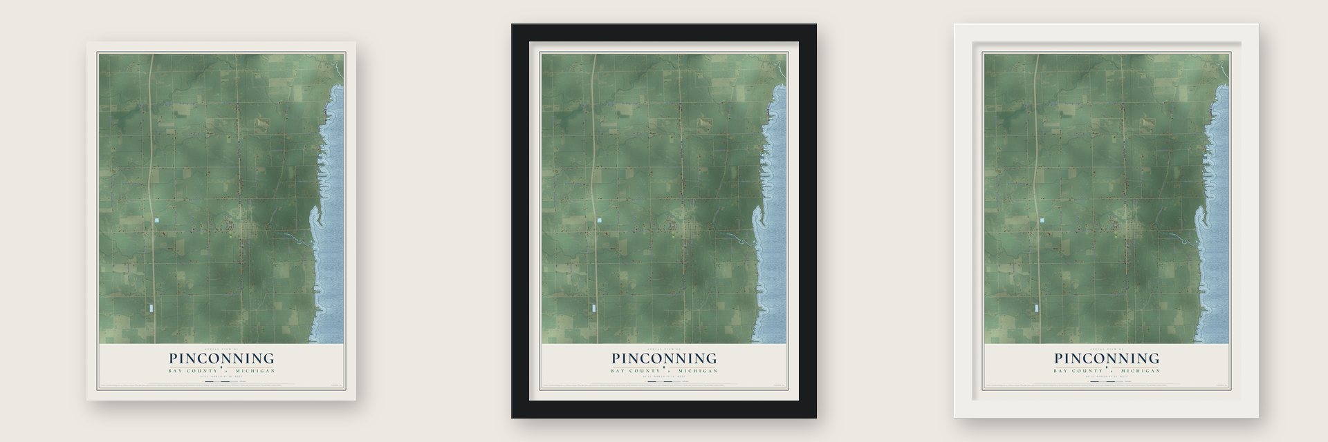 Pinconning, Bay County, Michigan map unframed, in a black wood frame and in a white wood frame