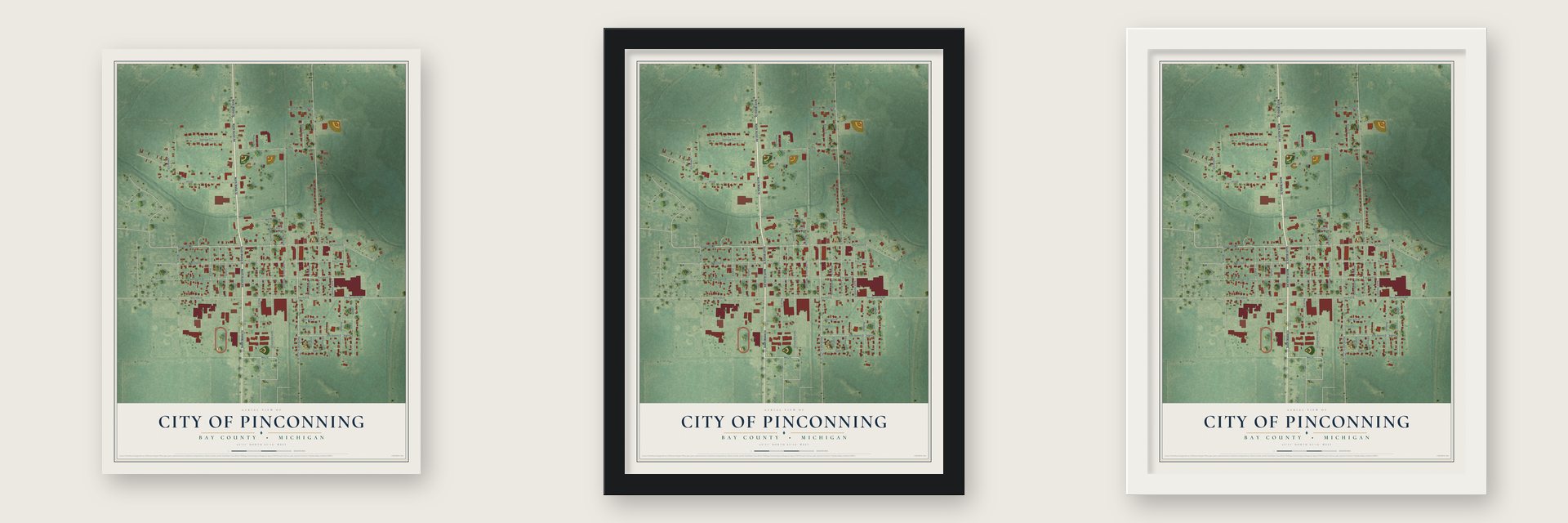 Pinconning, Michigan map unframed, in a black wood frame and in a white wood frame