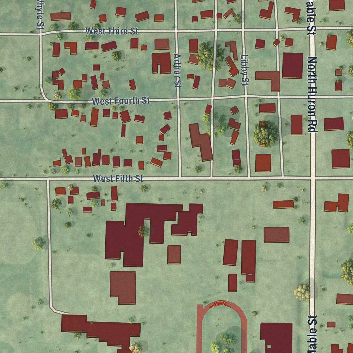 Second close-up of the map of Pinconning, Michigan print showing more streets and buildings