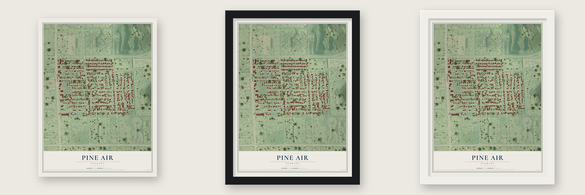 Pine Air, Florida map unframed, in a black wood frame and in a white wood frame