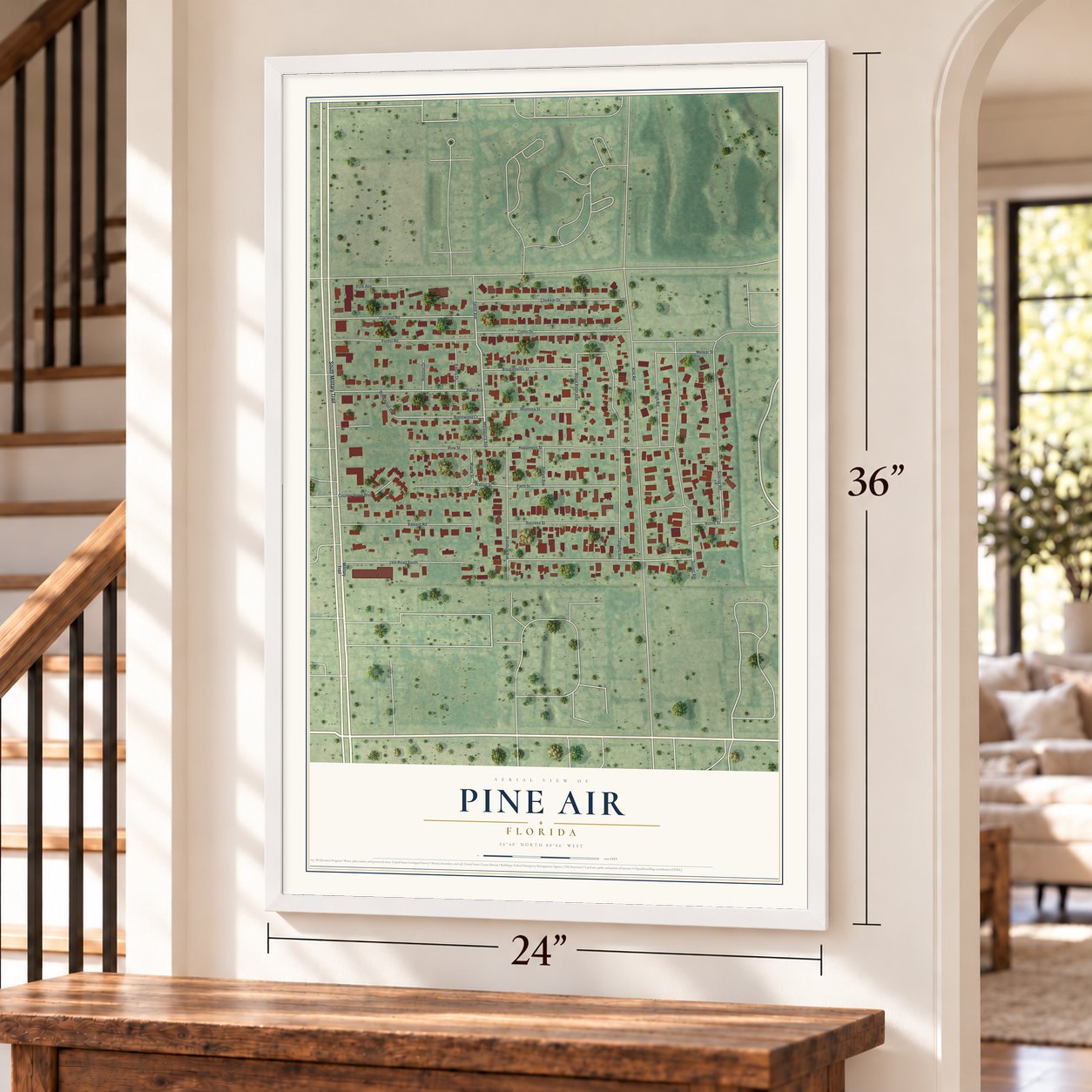 Pine Air, Florida map, 24 x 36 inch print in a white frame by a staircase