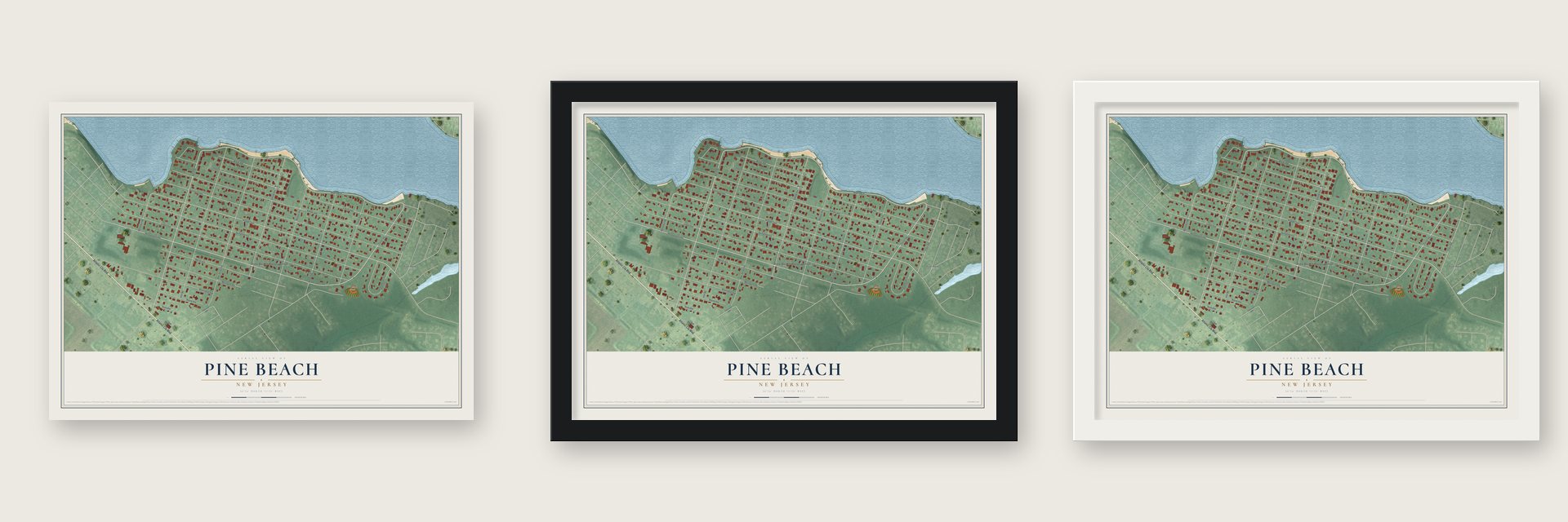 Pine Beach, New Jersey map unframed, in a black wood frame and in a white wood frame