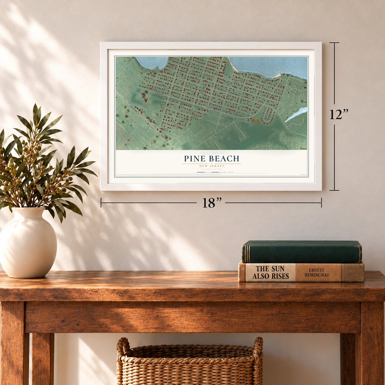 Pine Beach, New Jersey map, 12 x 18 inch print in a white frame in an entryway