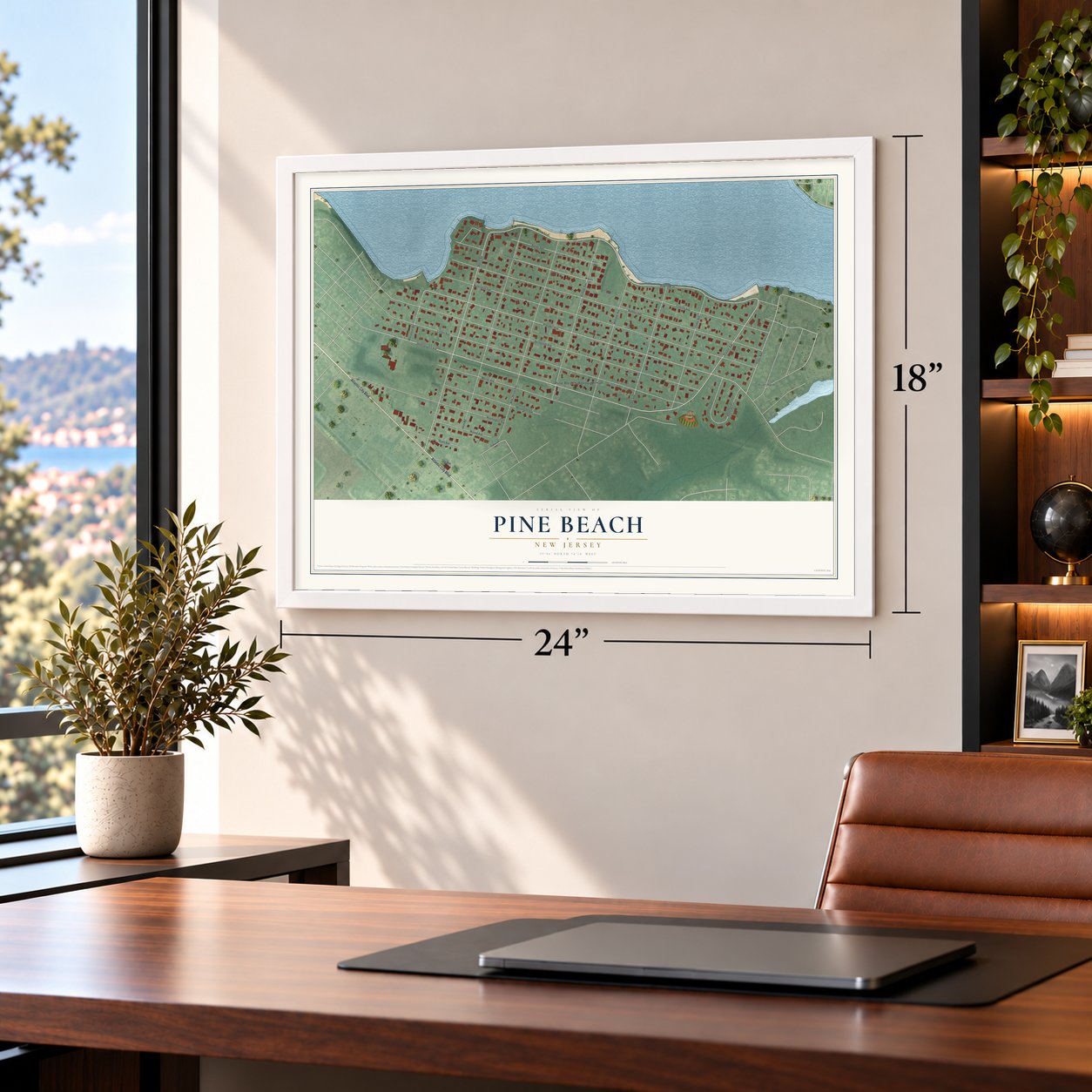 Pine Beach, New Jersey map, 18 x 24 inch print in a white frame in a home office