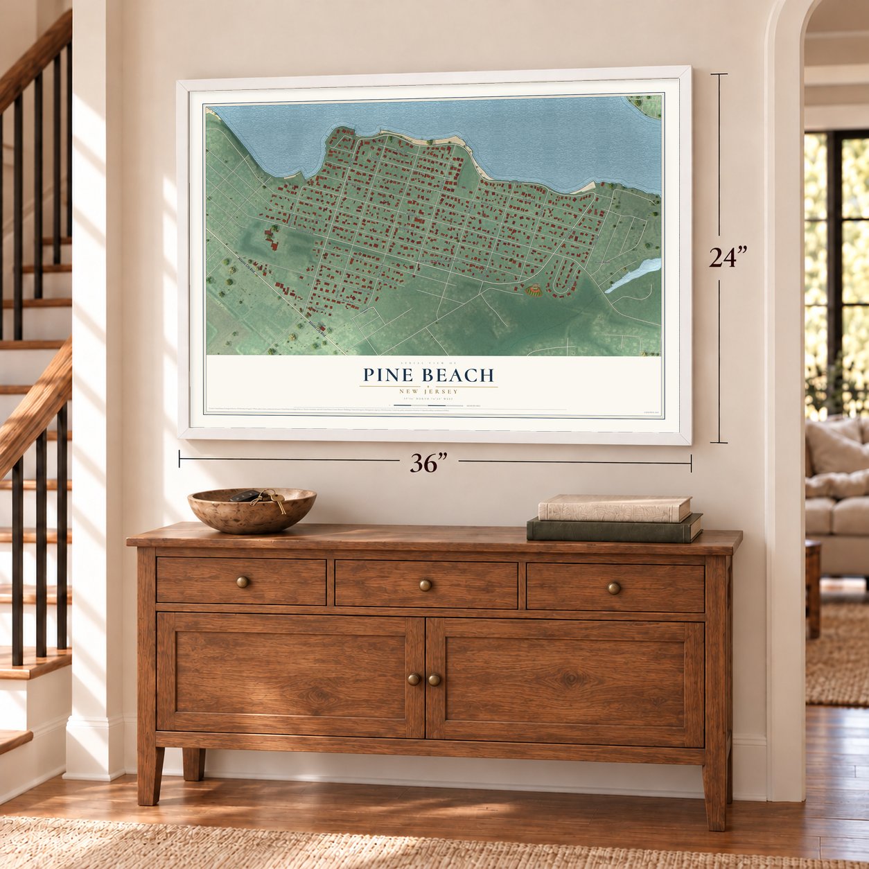 Pine Beach, New Jersey map, 24 x 36 inch print in a white frame above a dresser by a staircase