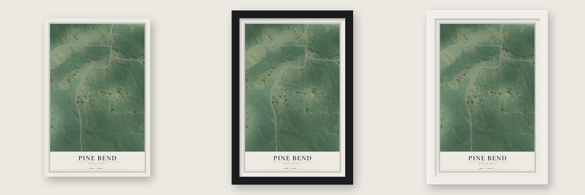 Pine Bend, Minnesota map unframed, in a black wood frame and in a white wood frame