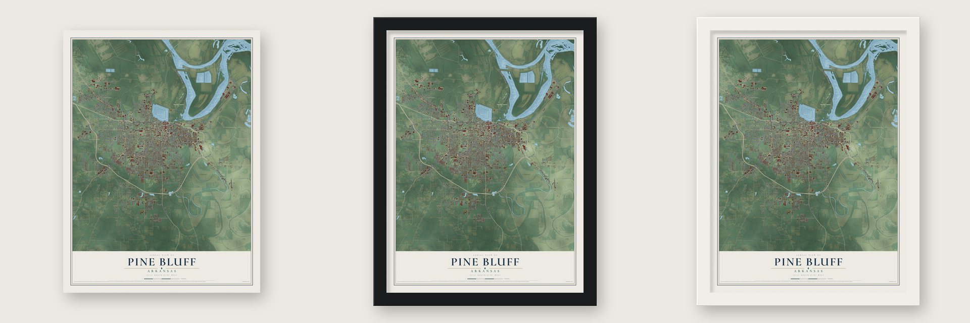 Pine Bluff, Arkansas map unframed, in a black wood frame and in a white wood frame