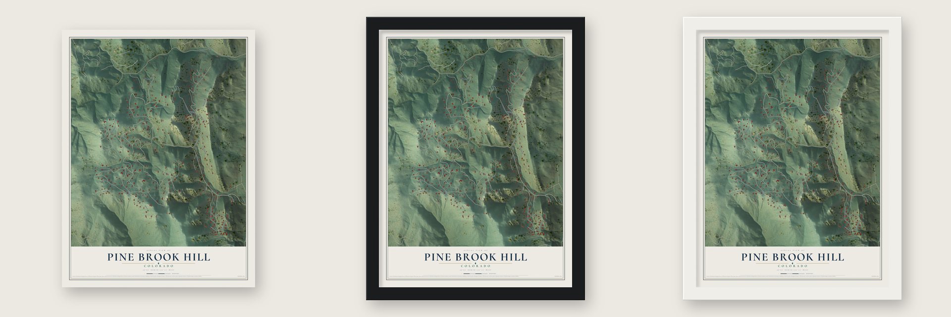 Pine Brook Hill, Colorado map unframed, in a black wood frame and in a white wood frame