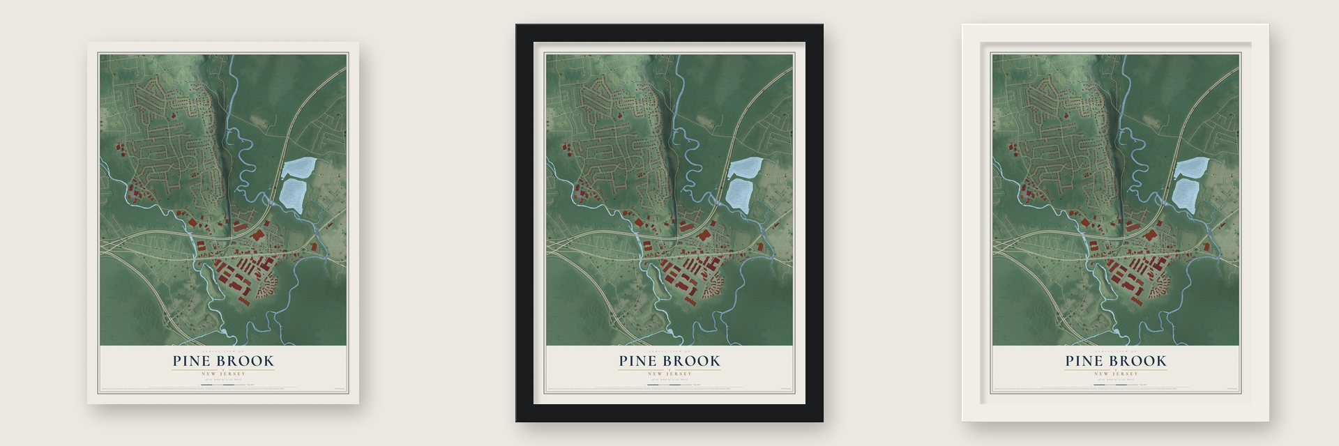 Pine Brook, New Jersey map unframed, in a black wood frame and in a white wood frame