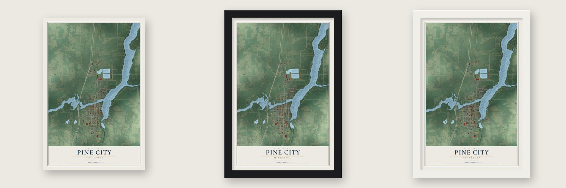 Pine City, Minnesota map unframed, in a black wood frame and in a white wood frame