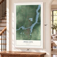 Pine City, Minnesota map, 24 x 36 inch print in a white frame by a staircase