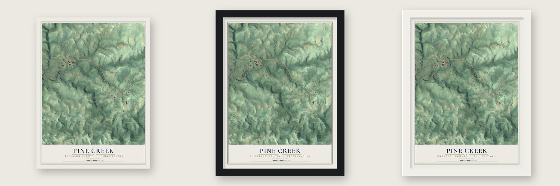 Pine Creek, Jefferson County, Pennsylvania map unframed, in a black wood frame and in a white wood frame
