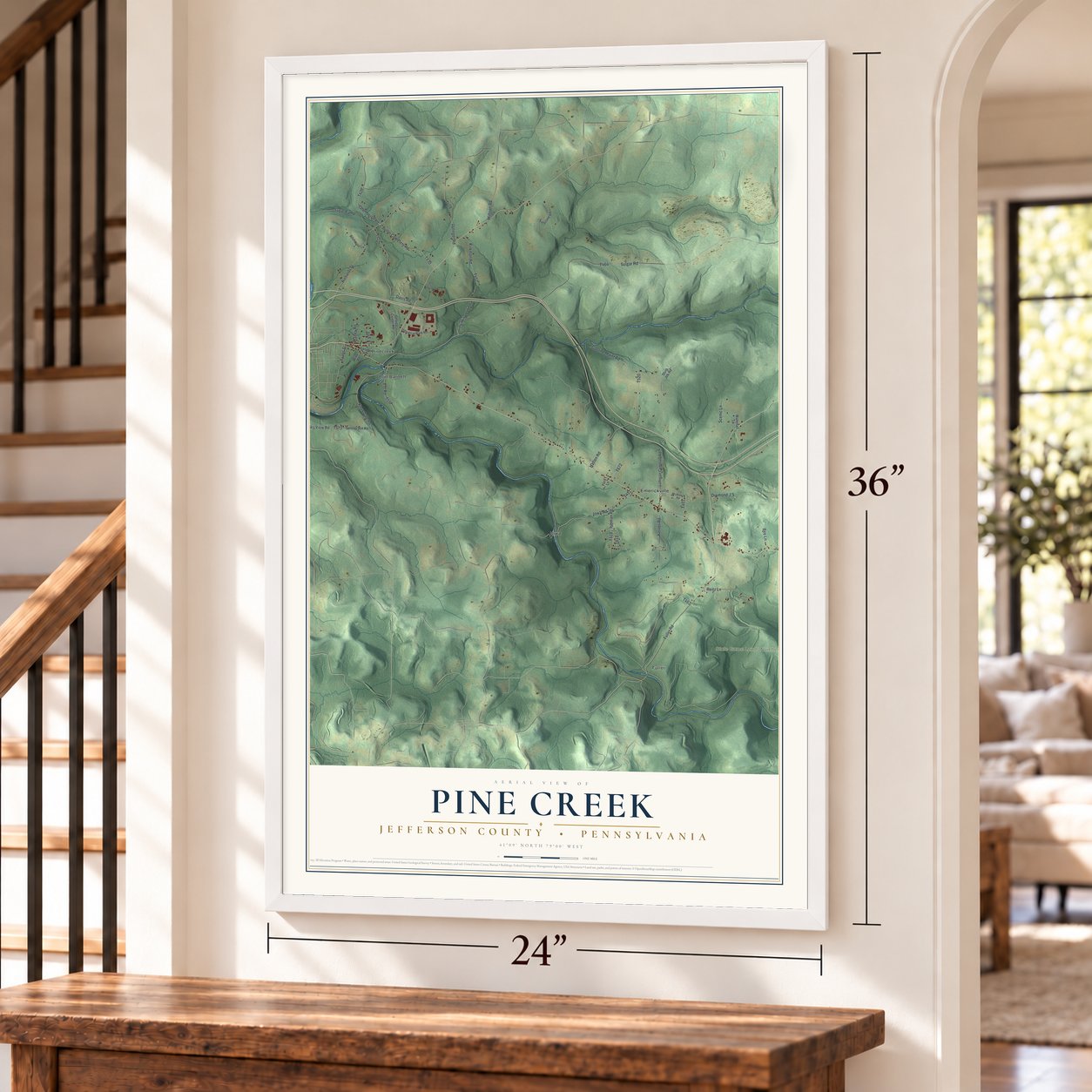 Pine Creek, Jefferson County, Pennsylvania map, 24 x 36 inch print in a white frame by a staircase