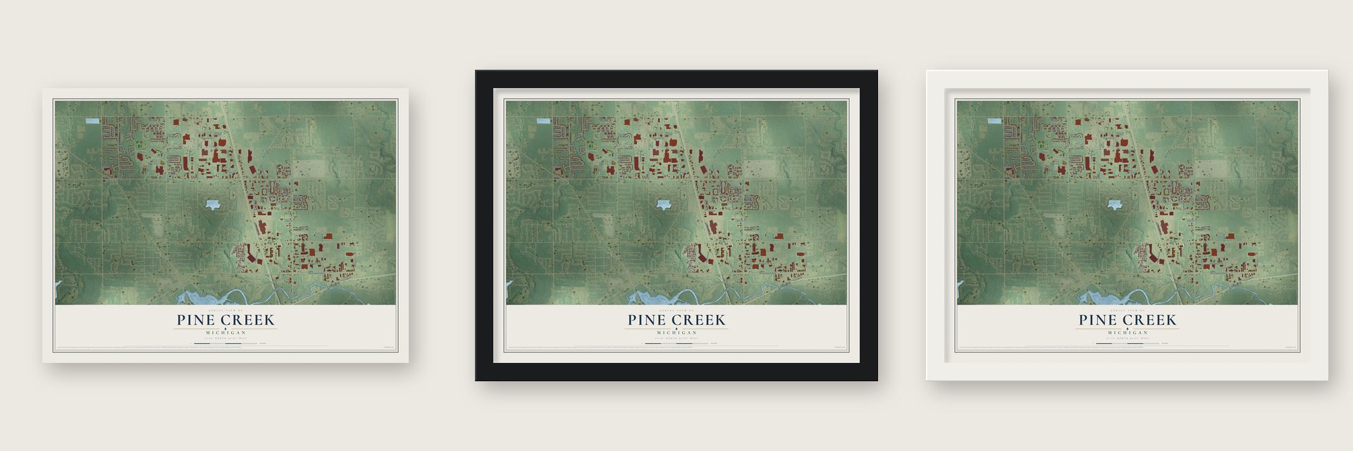 Pine Creek, Michigan map unframed, in a black wood frame and in a white wood frame