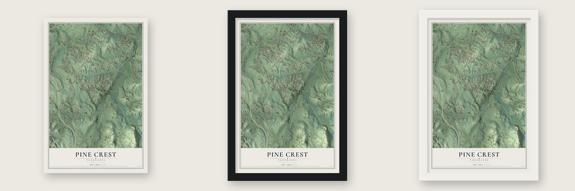 Pine Crest, Tennessee map unframed, in a black wood frame and in a white wood frame