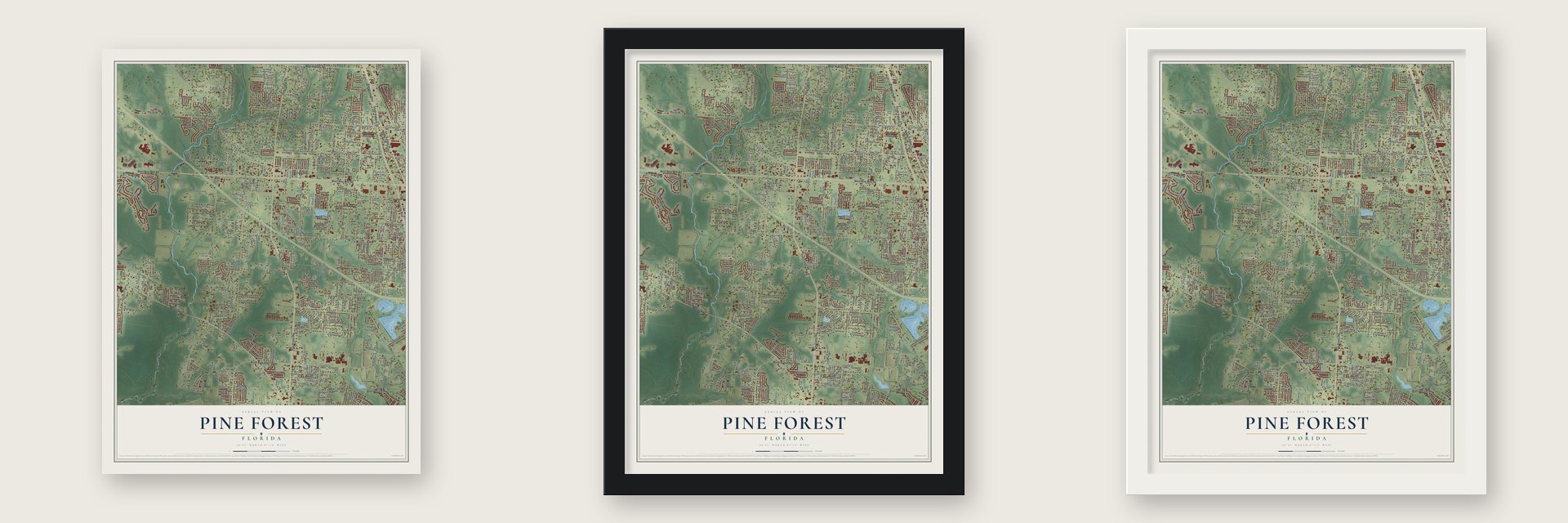 Pine Forest, Florida map unframed, in a black wood frame and in a white wood frame