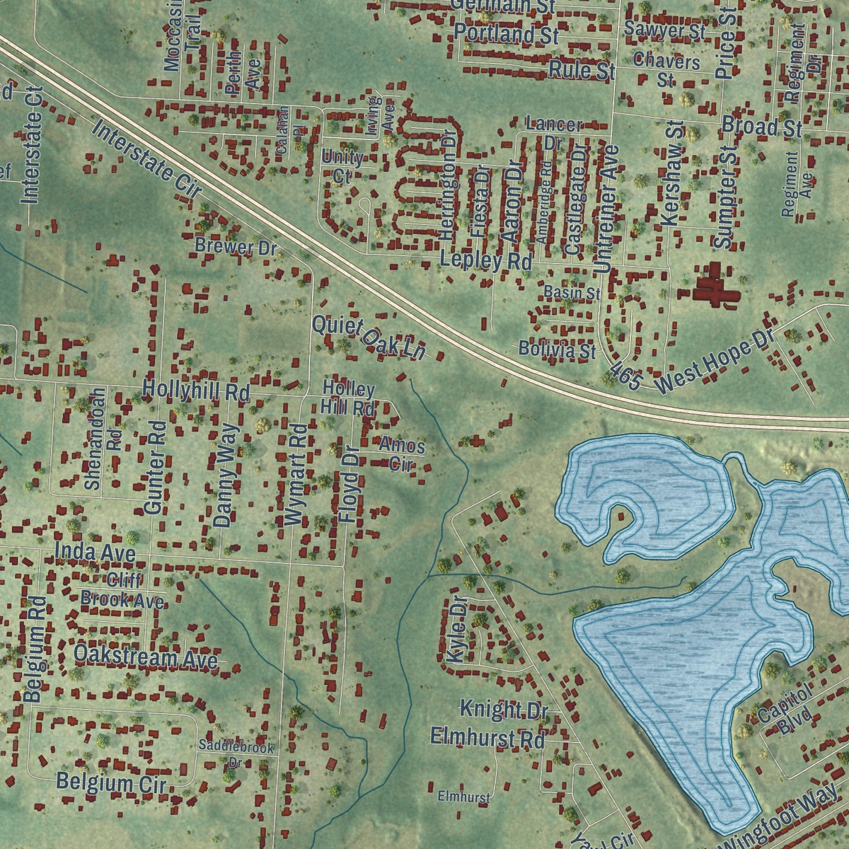 Second close-up of the map of Pine Forest, Florida print showing more streets and buildings