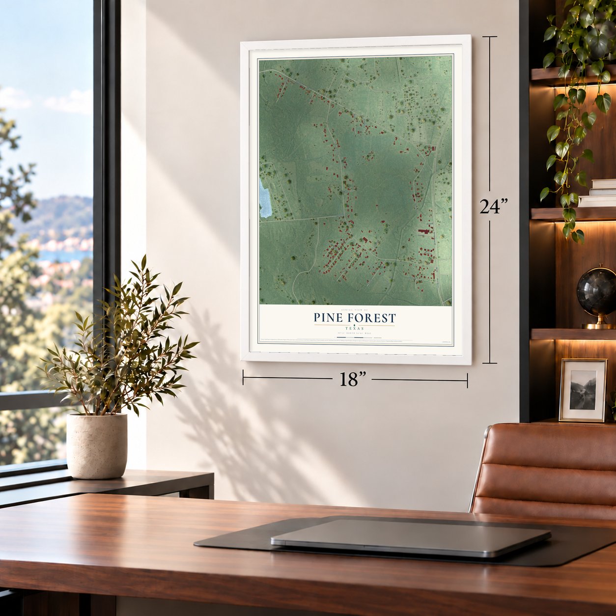 Pine Forest, Texas map, 18 x 24 inch print in a white frame in a home office