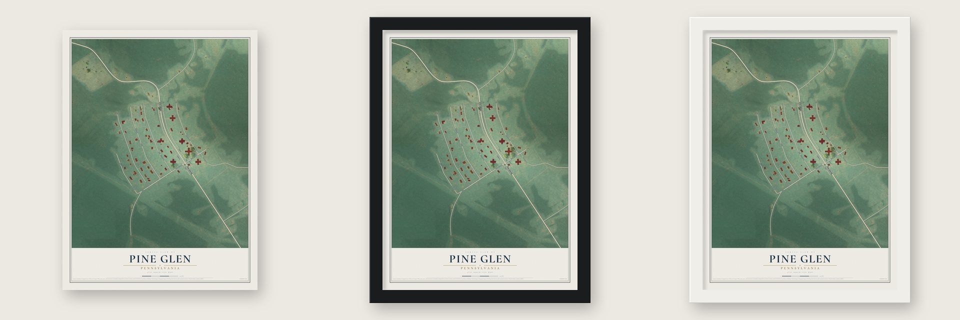 Pine Glen, Pennsylvania map unframed, in a black wood frame and in a white wood frame