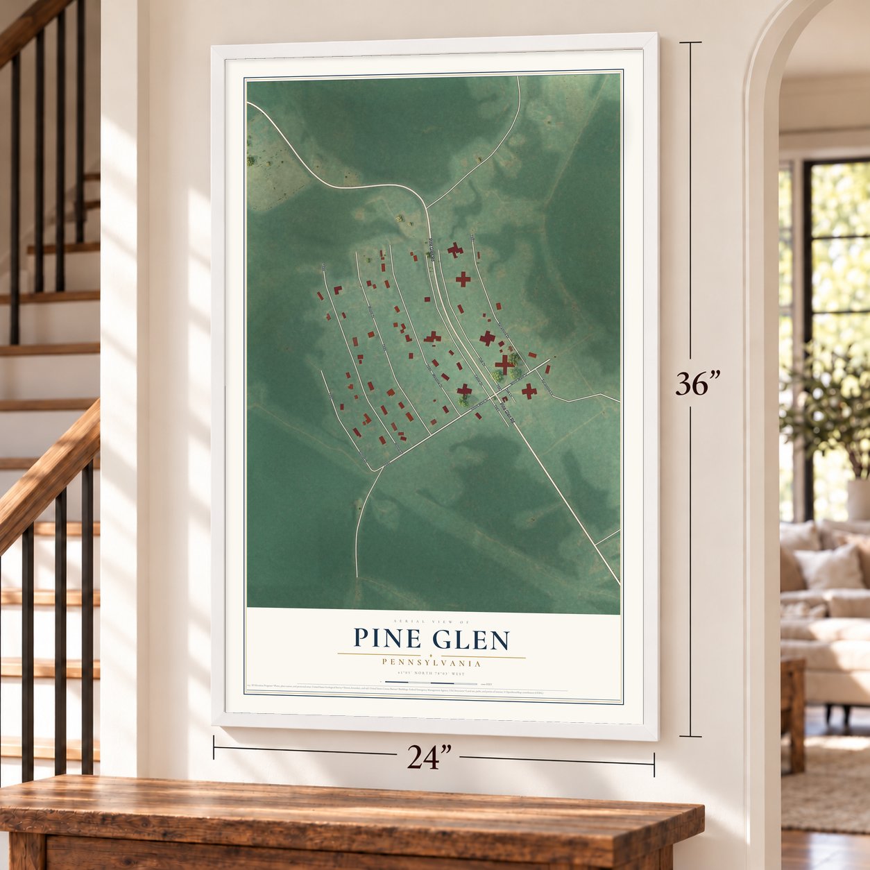 Pine Glen, Pennsylvania map, 24 x 36 inch print in a white frame by a staircase