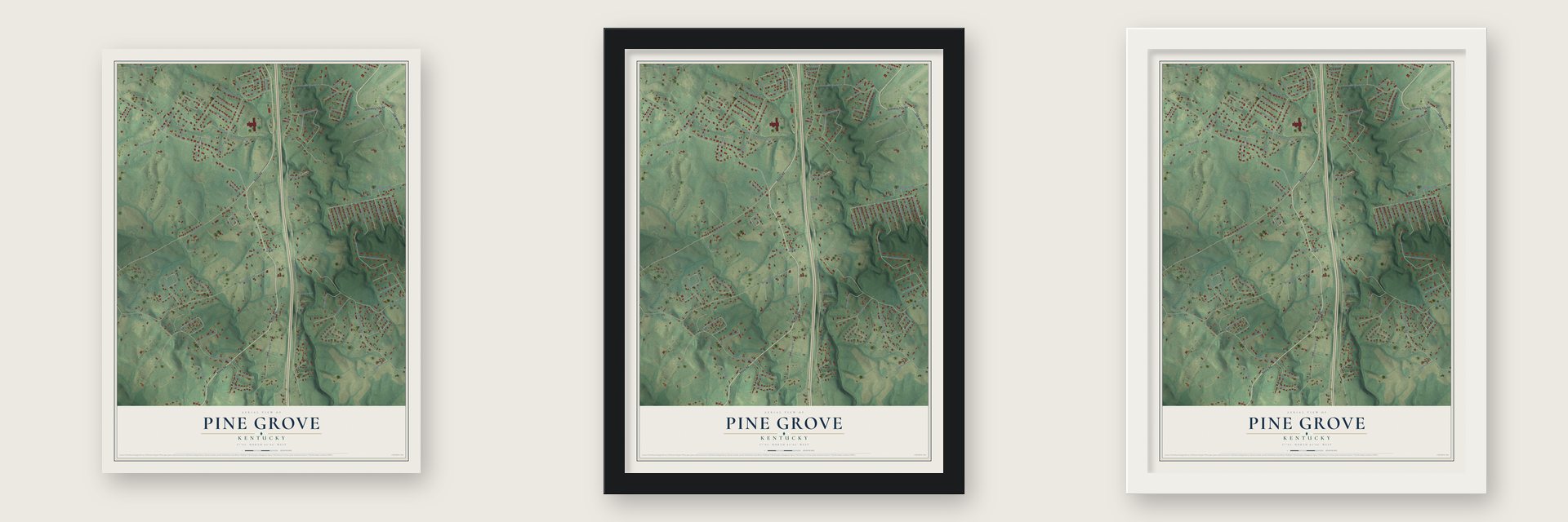 Pine Grove, Kentucky map unframed, in a black wood frame and in a white wood frame