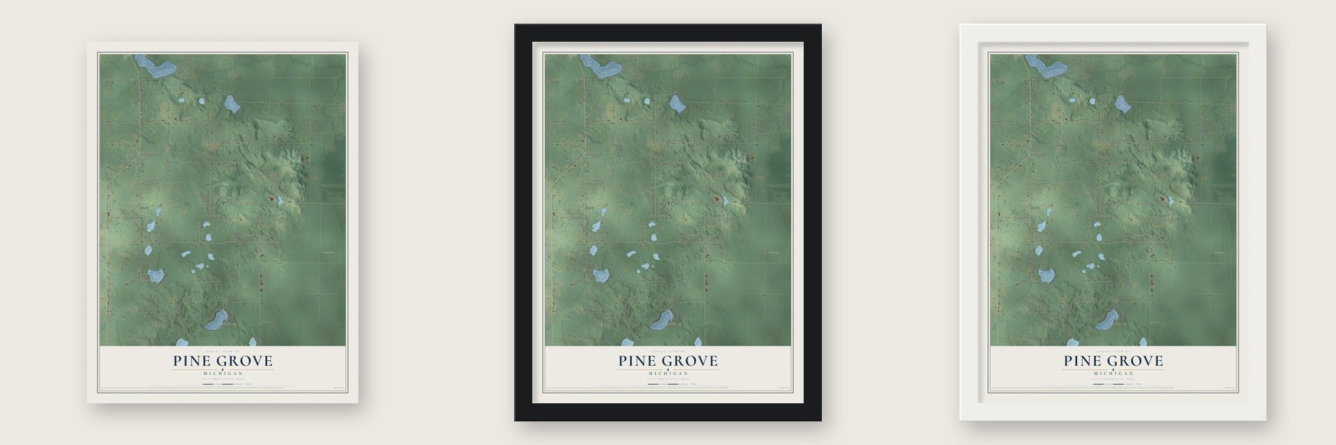 Pine Grove, Michigan map unframed, in a black wood frame and in a white wood frame