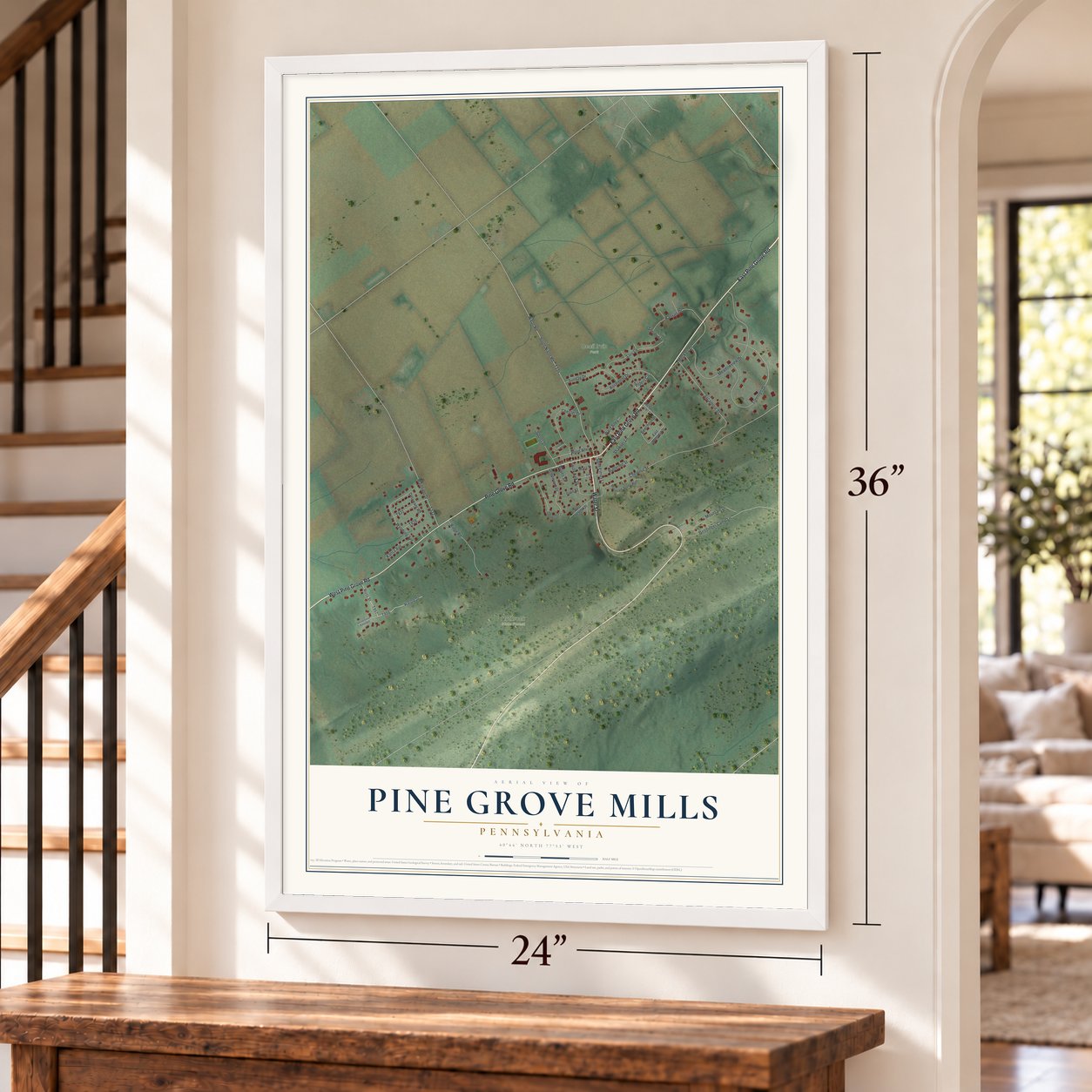 Pine Grove Mills, Pennsylvania map, 24 x 36 inch print in a white frame by a staircase