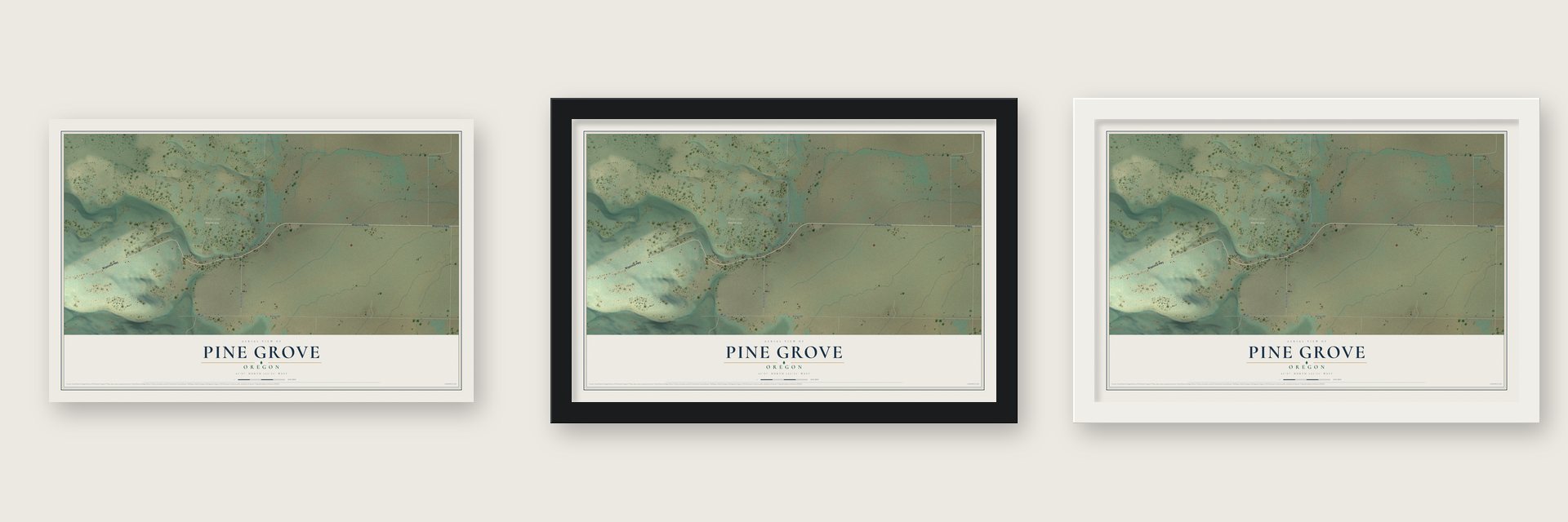 Pine Grove, Oregon map unframed, in a black wood frame and in a white wood frame