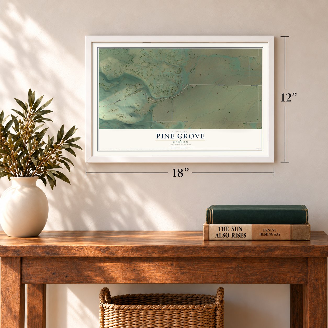 Pine Grove, Oregon map, 12 x 18 inch print in a white frame in an entryway
