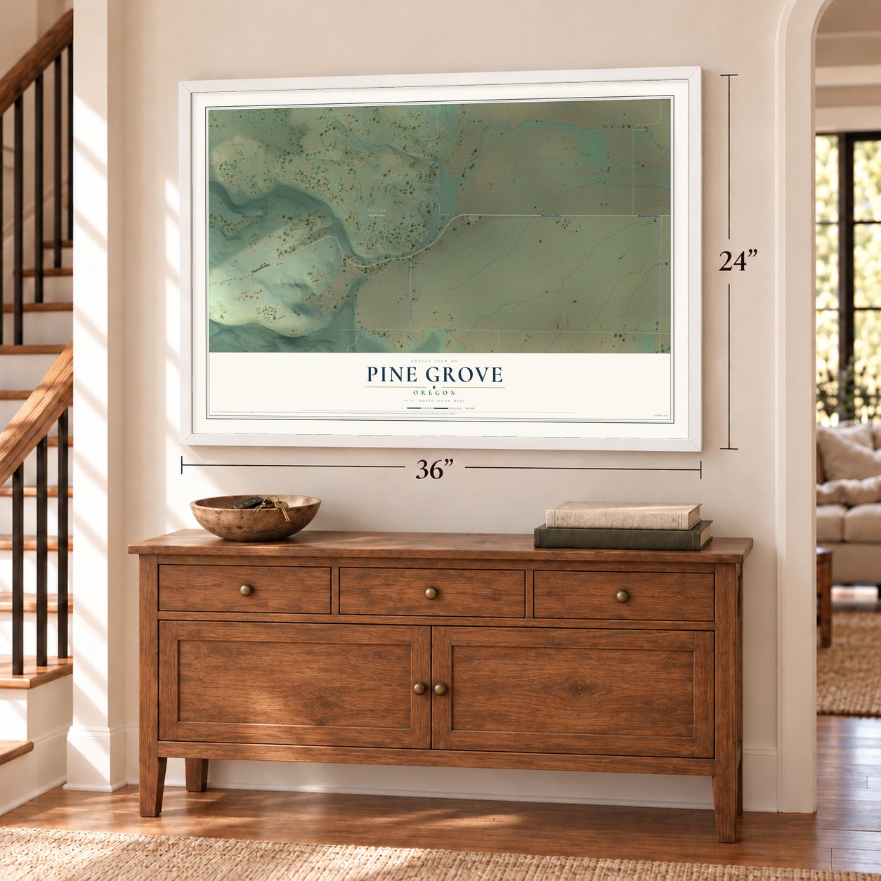 Pine Grove, Oregon map, 24 x 36 inch print in a white frame above a dresser by a staircase