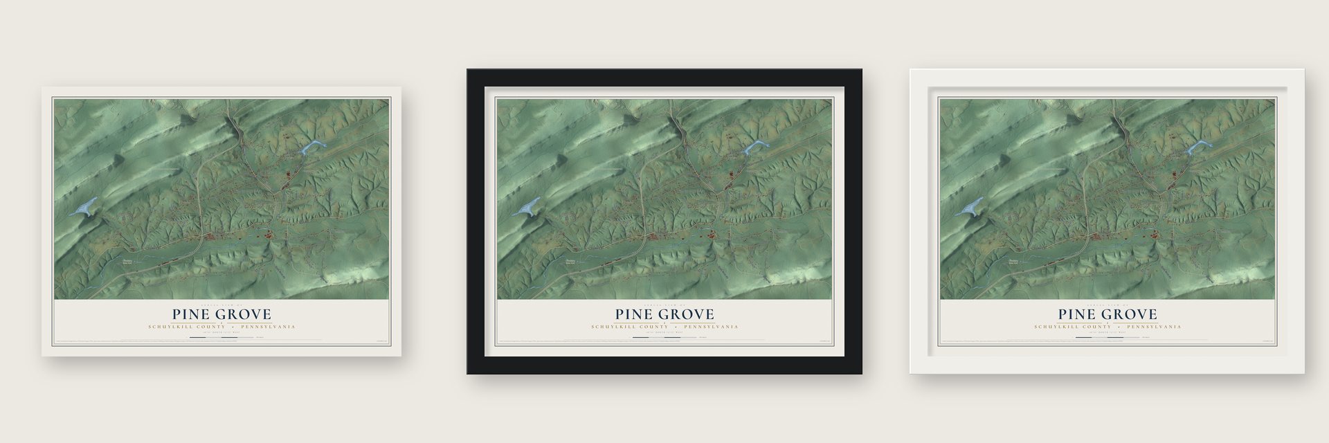 Pine Grove, Schuylkill County, Pennsylvania map unframed, in a black wood frame and in a white wood frame
