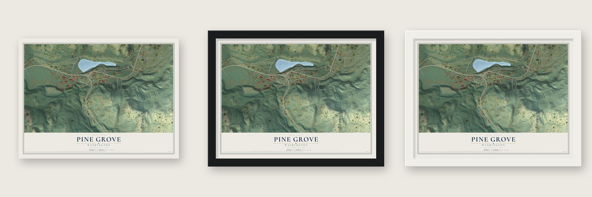 Pine Grove, Washington map unframed, in a black wood frame and in a white wood frame